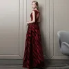 Chic / Beautiful Burgundy Evening Dresses  2018 A-Line / Princess Lace Flower Beading Crystal Scoop Neck Backless Sleeveless Floor-Length / Long Formal Dresses