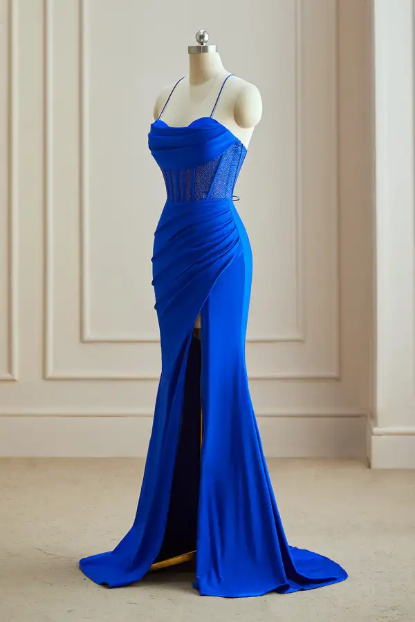Sexy Royal Blue Split Front Evening Dresses 2024 Crossed Straps Sweep Train Satin Straps