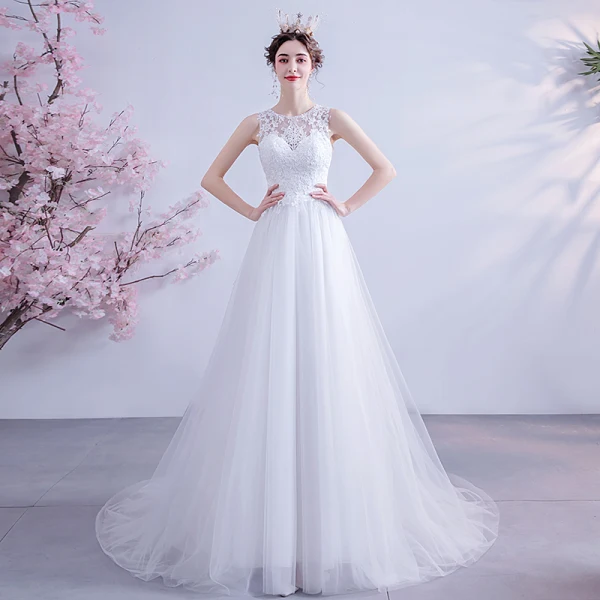 Élégant Ivoire Robe De Mariée 2020 Princesse Encolure Dégagée En Dentelle Fleur Sans Manches Tribunal Train
