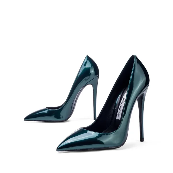 Fashion Dark Green Office OL Pumps 2020 Patent Leather 12 cm Stiletto Heels Pointed Toe Pumps