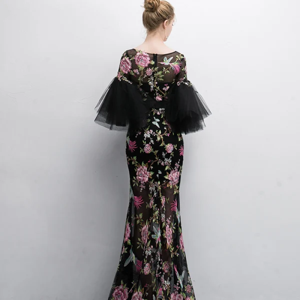 Chic / Beautiful Black Evening Dresses 2018 Trumpet / Mermaid Printing Scoop Neck 3/4 Sleeve Floor-Length / Long Formal Dresses