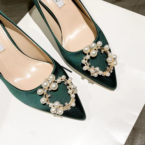 Modern / Fashion Dark Green Satin Pearl Rhinestone Pumps 2021 7 cm Stiletto Heels Pointed Toe Prom Pumps High Heels