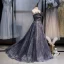 Glitzernden Charmant Marineblau Ballkleider 2020 A Linie Bandeau Perlenstickerei Pailletten Spitze Blumen Ärmellos Rückenfreies Sweep / Pinsel Zug Festliche Kleider