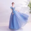 Flower Fairy Pool Blue Prom Dresses 2020 A-Line / Princess V-Neck Pearl Lace Flower Short Sleeve Backless Floor-Length / Long Formal Dresses