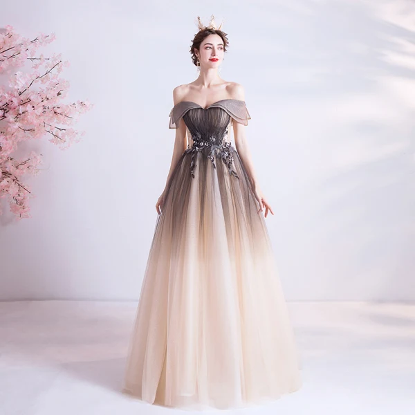 Élégant Chocolat Dégradé De Couleur Robe De Bal 2020 Princesse De l'épaule Perlage Paillettes Manches Courtes Dos Nu Longue Robe De Ceremonie
