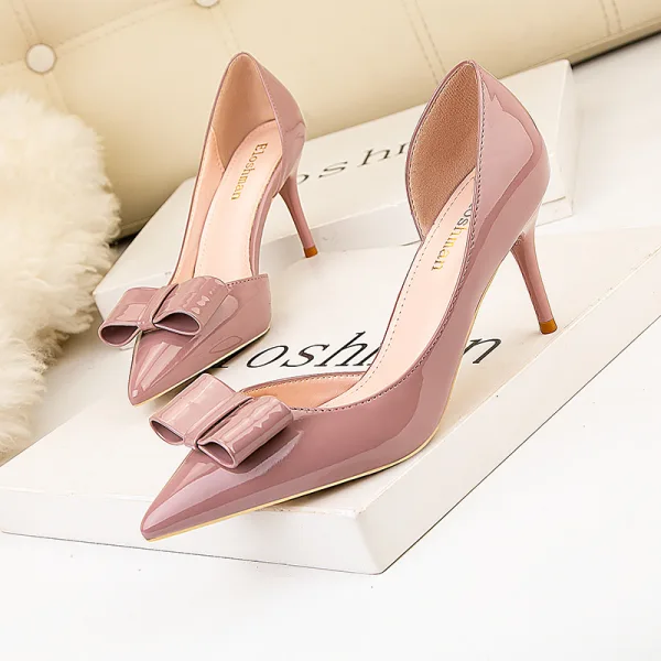 Chic / Beautiful Black Dating Bow Womens Shoes 2020 Patent Leather 7 cm Heels Pointed Toe Stiletto Heels
