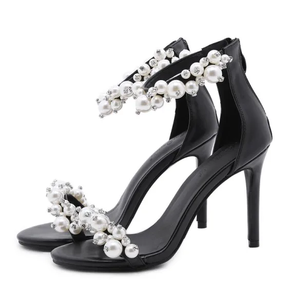 Sexy Black Cocktail Party Evening Party Womens Sandals 2021 Pearl Rhinestone Ankle Strap 10 cm Stiletto Heels Open / Peep Toe Sandals High Heels