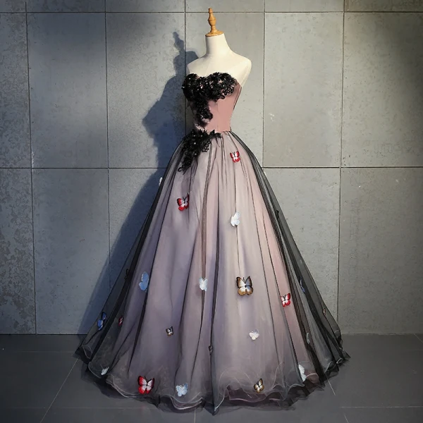 Elegant Svart Ballkjoler 2018 Ballkjole Blonder Blomst Sommerfugl Beading Rhinestone Kjæreste Ryggløse Uten Ermer Lange Formelle Kjoler