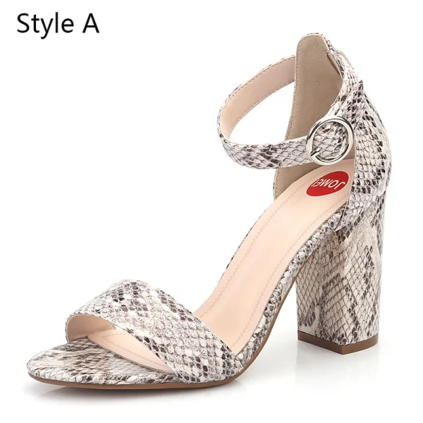 Modest / Simple Street Wear Snakeskin Print Womens Sandals 2020 Ankle Strap 10 cm Thick Heels Open / Peep Toe Sandals