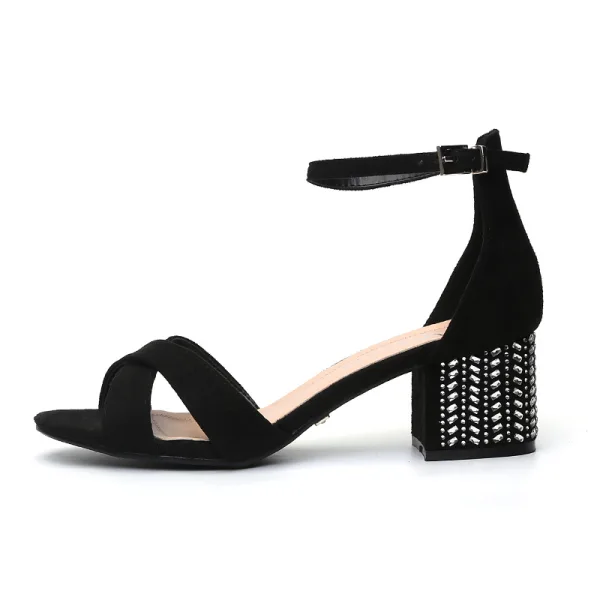 Chic / Belle Noire Vêtement de rue Daim Sandales Femme 2020 Bride Cheville 5 cm Talons Épais Peep Toes / Bout Ouvert Sandales