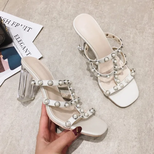 Charmant Bleu Ciel Désinvolte Perle Sandales Femme 2020 9 cm Talons Épais Peep Toes / Bout Ouvert Sandales