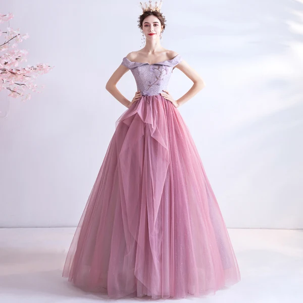Charming Candy Pink Prom Dresses 2020 A-Line / Princess Off-The-Shoulder Beading Rhinestone Sequins Sleeveless Backless Floor-Length / Long Formal Dresses