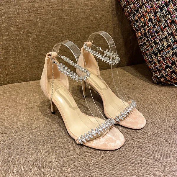 Charmant Noire Soirée Sandales Femme 2020 Faux Diamant Bride Cheville 10 cm Talons Aiguilles Peep Toes / Bout Ouvert Sandales
