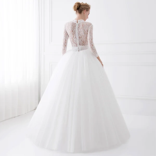 Chic / Beautiful White Wedding Dresses 2018 Ball Gown Lace High Neck 3/4 Sleeve Floor-Length / Long Wedding