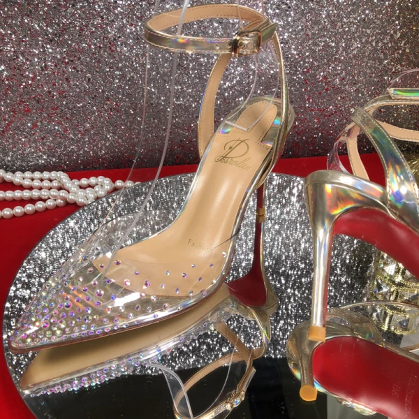 Sexy Silver Cocktail Party Laser Womens Sandals 2020 10 cm Stiletto Heels Rhinestone Ankle Strap Pointed Toe Sandals