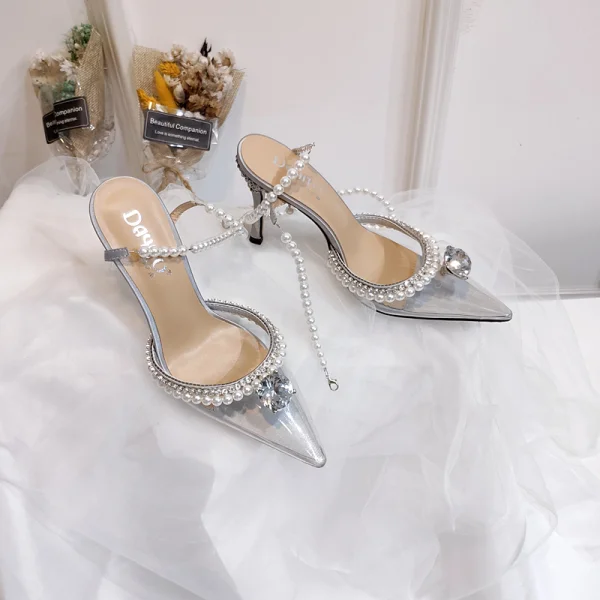 Charming Silver Rhinestone Cocktail Party Womens Sandals 2020 Pearl Ankle Strap 9 cm Stiletto Heels Pointed Toe Sandals