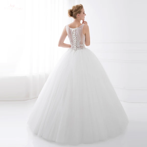 Chic / Beautiful White Wedding Dresses 2018 Ball Gown Beading Lace Flower Scoop Neck Sleeveless Floor-Length / Long