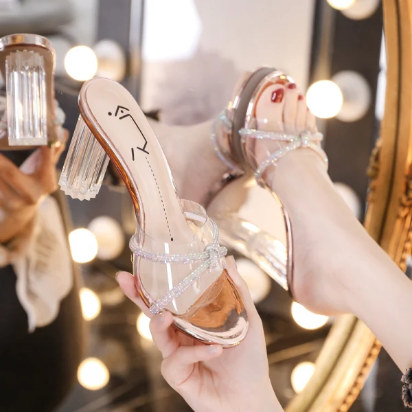 Sexy Transparent Argenté Cristal Sandales Femme 2020 Vêtement de rue Faux Diamant 8 cm Talons Épais Peep Toes / Bout Ouvert Sandales