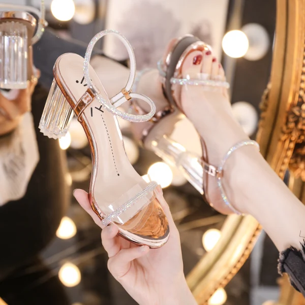 Sexy Champagne Evening Party Crystal Womens Sandals 2020 Rhinestone 8 cm Thick Heels Open / Peep Toe Sandals