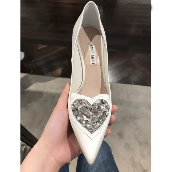Piękne Białe Rhinestone Buty Ślubne 2020 Skórzany 8 cm Szpilki Szpiczaste Ślub Czółenka