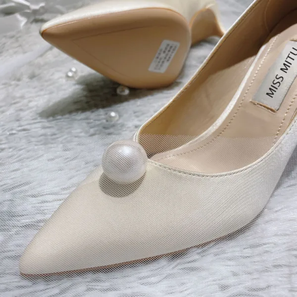 Elegante Weiß Perle Brautschuhe 2020 Leder 10 cm Stilettos Spitzschuh Hochzeit Pumps