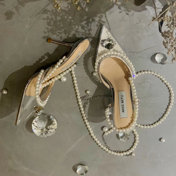 Sexy Silver Cocktail Party Rhinestone Womens Sandals 2020 Leather Pearl Ankle Strap 8 cm Stiletto Heels Pointed Toe Sandals
