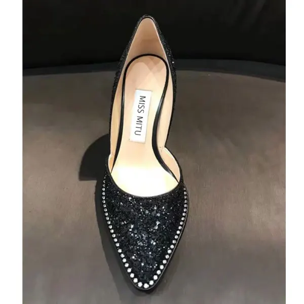 Uroczy Czarne Wieczorowe Czółenka 2020 Skórzany Rhinestone Cekiny 9 cm Szpilki Szpiczaste Czółenka