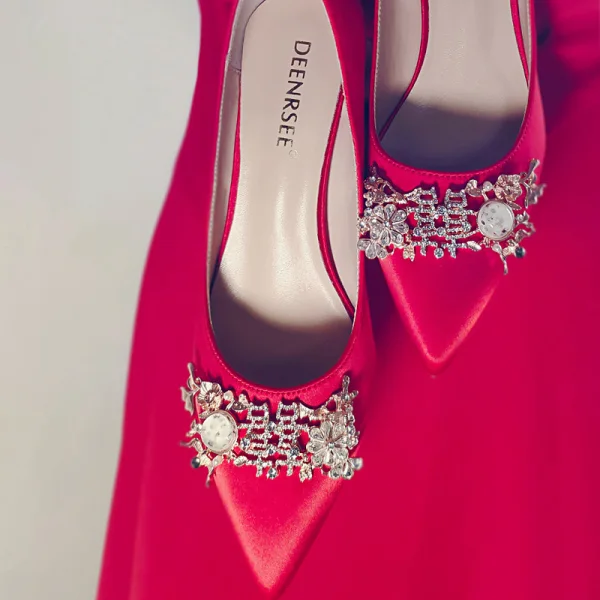 Piękne Czerwone Rhinestone Buty Ślubne 2020 Skórzany 7 cm Szpilki Szpiczaste Ślub Czółenka
