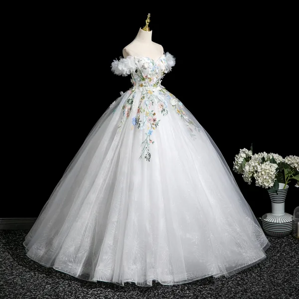 Fairytale Multi-Colors Lace Flower Appliques Pearl White Prom Dresses 2025 Ball Gown Off-The-Shoulder Short Sleeve Backless Floor-Length / Long Prom Formal Dresses