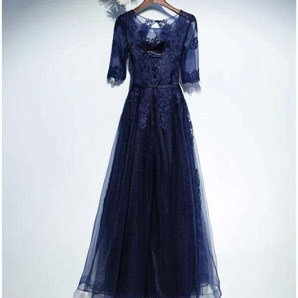 Elegant Navy Blue Formal Dresses Prom Dresses 2017 Lace Flower Bow Scoop Neck Floor-Length / Long 1/2 Sleeves A-Line / Princess