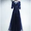 Elegant Navy Blue Formal Dresses Prom Dresses 2017 Lace Flower Bow Scoop Neck Floor-Length / Long 1/2 Sleeves A-Line / Princess