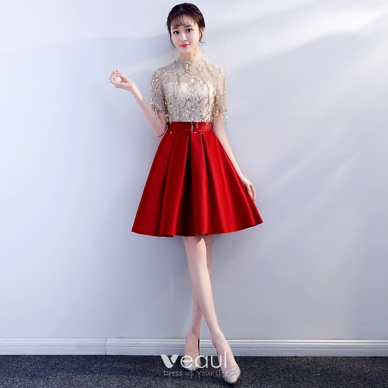 Modern Fashion Black Party Dresses 2018 A Line Princess Sequins High Neck Short Sleeve Knee Length Formal Dresses