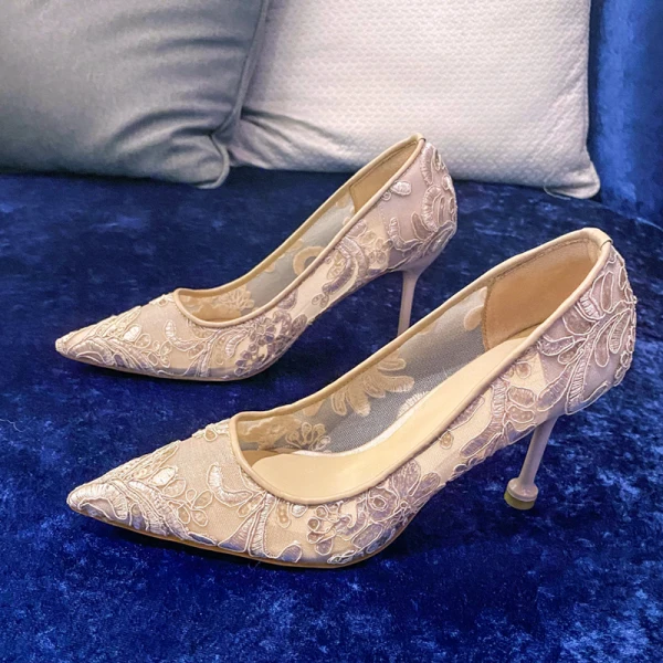 Charming Champagne See-through Flower Lace Wedding Shoes 2020 8 cm Stiletto Heels Pointed Toe Wedding Pumps