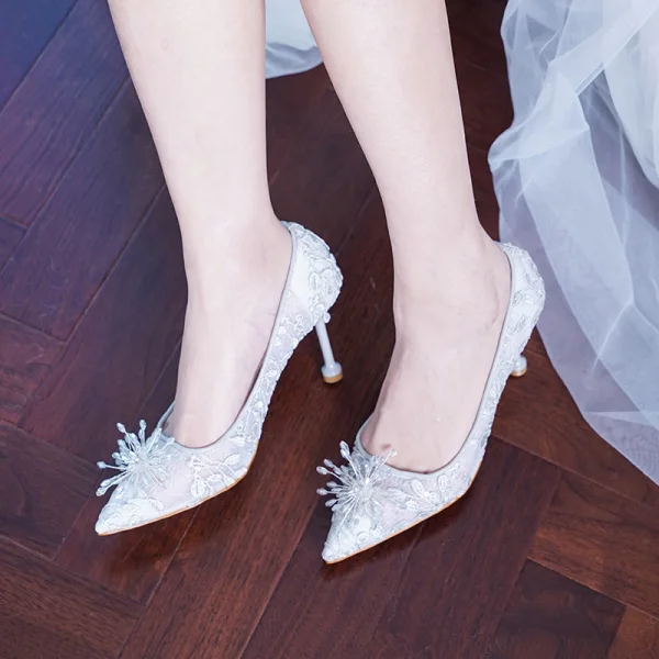 Charming Grey Crystal Wedding Shoes 2020 Lace 8 cm Stiletto Heels Pointed Toe Wedding Pumps