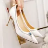 Fashion White Wedding Shoes 2020 Leather Rhinestone 8 cm Stiletto Heels Pointed Toe Wedding Pumps