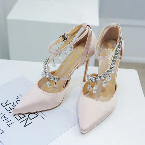 Charmant Bordeaux Chaussure De Mariée 2020 Faux Diamant Bride Cheville 8 cm Talons Aiguilles À Bout Pointu Mariage Talons Hauts