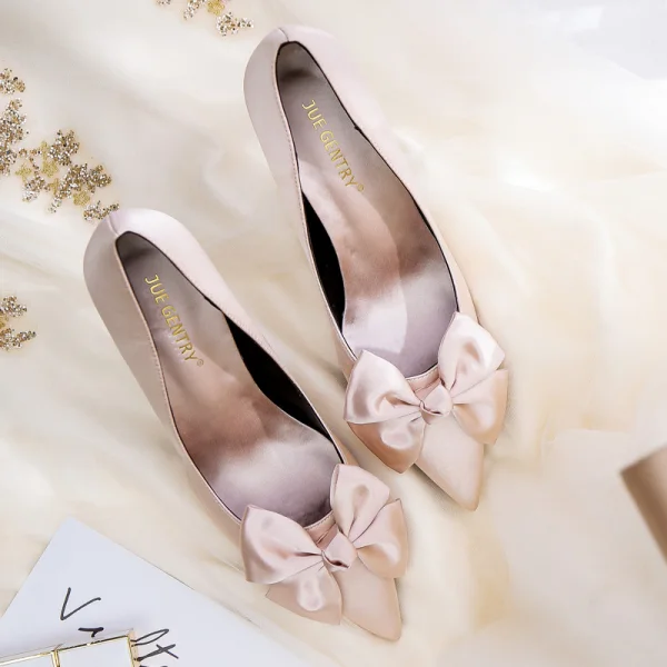 Elegant Burgundy Prom Satin Pumps 2020 Leather Bow 8 cm Stiletto Heels Pointed Toe Pumps