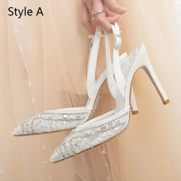 Chic / Belle Multi-Couleurs Faux Diamant Slingbacks Chaussure De Mariée 2020 Cuir 10 cm Talons Aiguilles À Bout Pointu Mariage Sandales