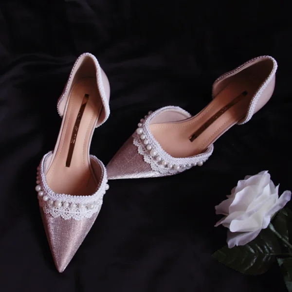 Elegant Blushing Pink Pearl Womens Sandals 2020 Leather Lace Flower Prom 4 cm Stiletto Heels Pointed Toe Sandals