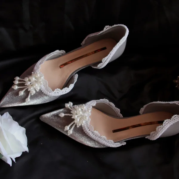 Elegant Grey Dating Pearl Womens Sandals 2020 Leather Lace Flower 4 cm Stiletto Heels Low Heel Pointed Toe Sandals