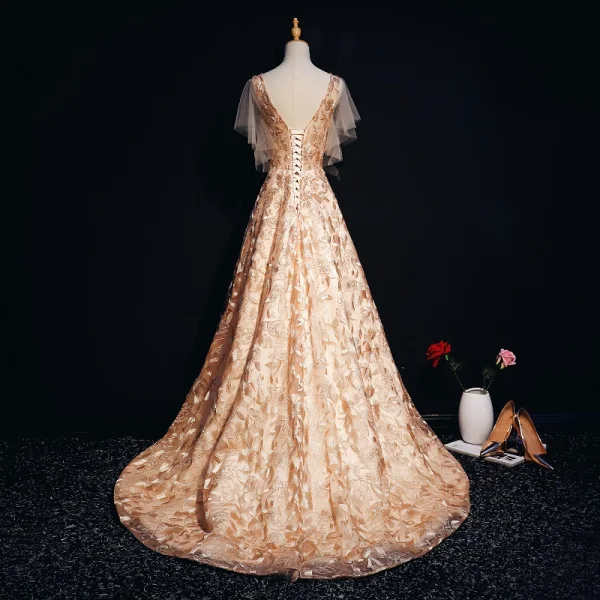 Luxury / Gorgeous Gold Evening Dresses 2018 A-Line / Princess Lace Beading Crystal Pearl V-Neck Backless Short Sleeve Sweep Train Formal Dresses