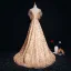 Luxury / Gorgeous Gold Evening Dresses  2018 A-Line / Princess Lace Beading Crystal Pearl V-Neck Backless Short Sleeve Sweep Train Formal Dresses