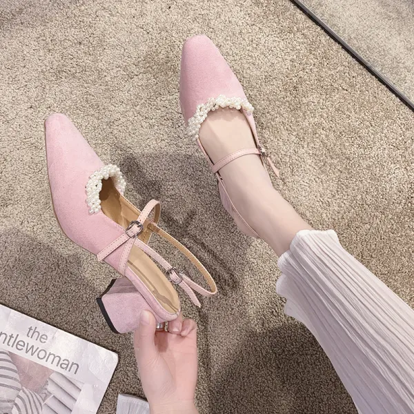 Elegante Schwarz Datierung Perle Slingpumps Sandalen Damen 2020 Wildleder 6 cm Thick Heels Quadratische Zehe Sandaletten