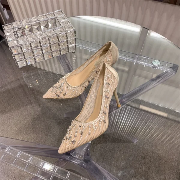 Charming White Lace Wedding Shoes 2020 Pearl Rhinestone 10 cm Stiletto Heels Pointed Toe Wedding Pumps