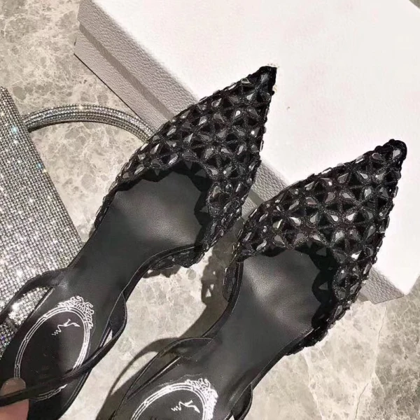 Charming Silver Cocktail Party Rhinestone Womens Sandals 2020 Leather Slingbacks 10 cm Stiletto Heels Pointed Toe Sandals