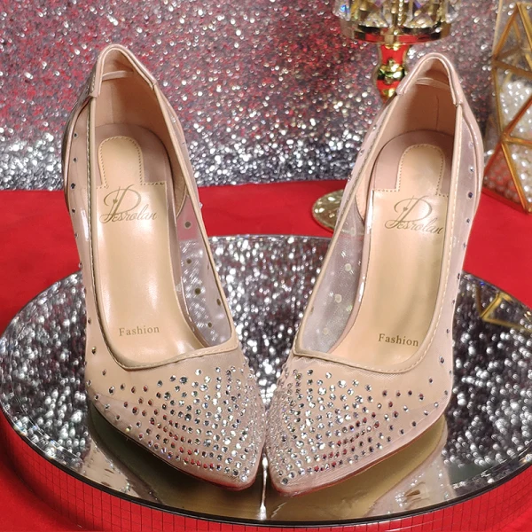Schöne Nude Abend Strass Pumps 2020 10 cm Stilettos Spitzschuh Pumps