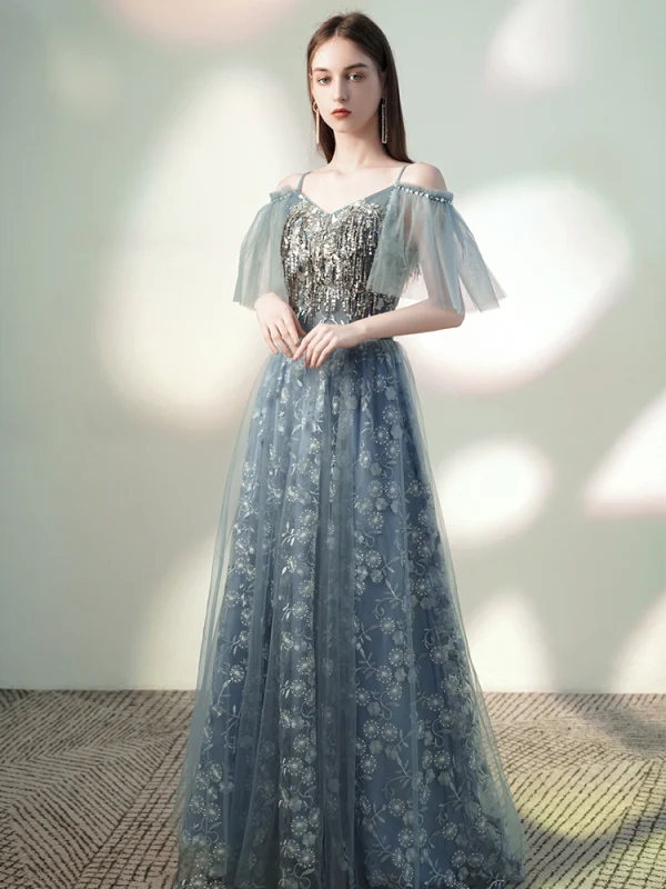 Charmant Himmelblau Grau Abendkleider 2020 Off Shoulder Perlenstickerei Pailletten Spitze Blumen Kurze Ärmel Rückenfreies Lange Festliche Kleider