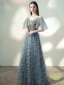 Charmant Himmelblau Grau Abendkleider 2020 Off Shoulder Perlenstickerei Pailletten Spitze Blumen Kurze Ärmel Rückenfreies Lange Festliche Kleider