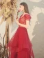 Charming Burgundy Evening Dresses  2020 A-Line / Princess Off-The-Shoulder Lace Short Sleeve Backless Cascading Ruffles Floor-Length / Long Formal Dresses
