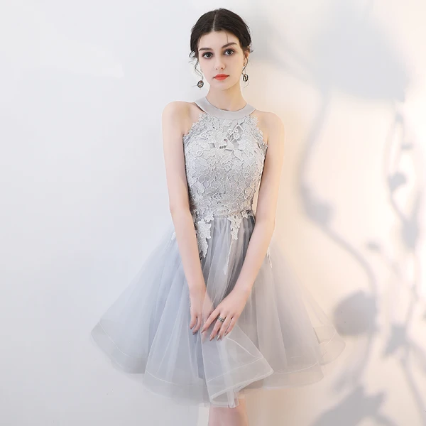 Chic / Beautiful Champagne Homecoming Graduation Dresses 2018 Ball Gown Appliques Lace Scoop Neck Strapless Sleeveless Short Formal Dresses
